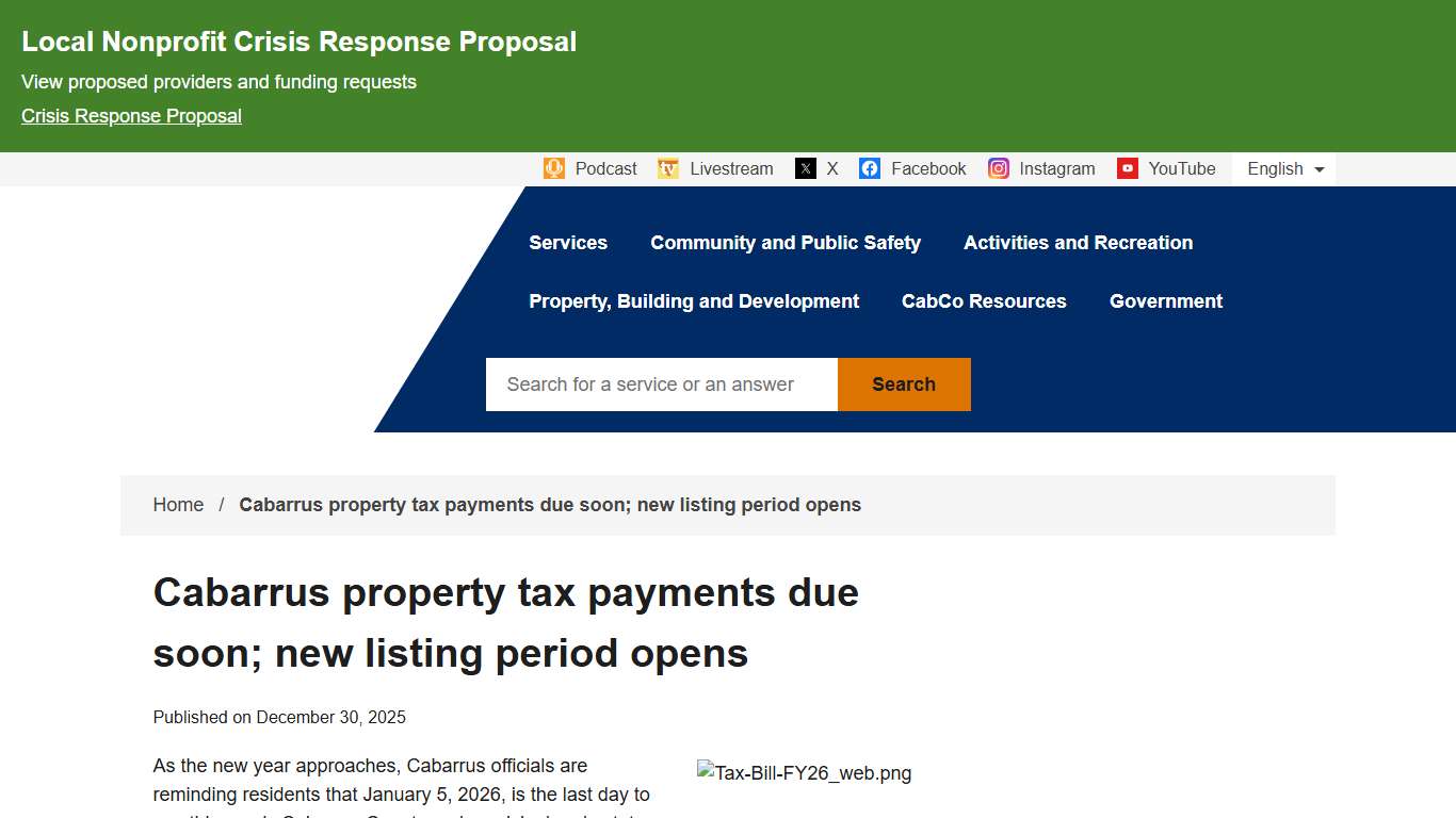 Cabarrus property tax payments due soon; new listing period opens Cabarrus County